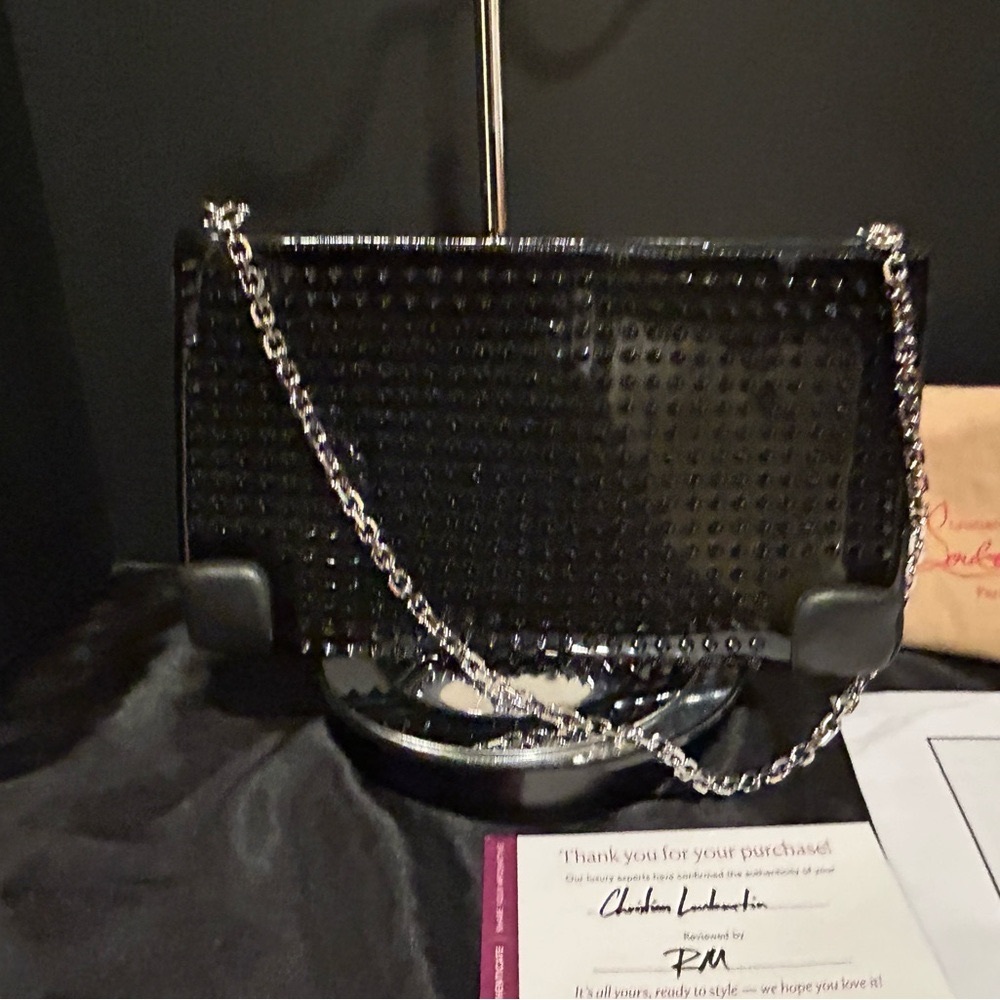 CHRISTIAN LOUBOUTIN Loubiposh Black Patent Leather Spiked Clutch/ Crossbody Bag